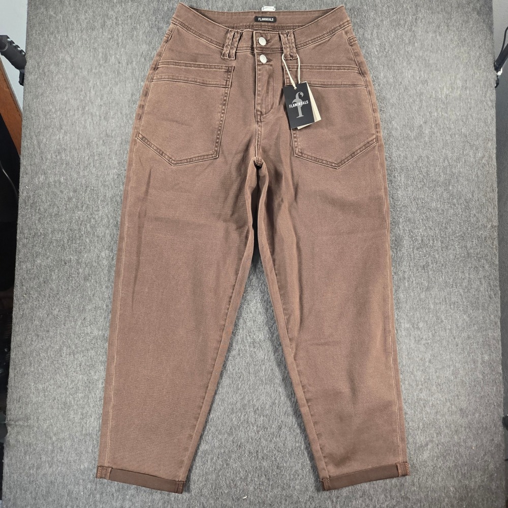 Flamingals Barrel Leg Pants Womens S Brown High Rise Utility Straight Leg NWT
